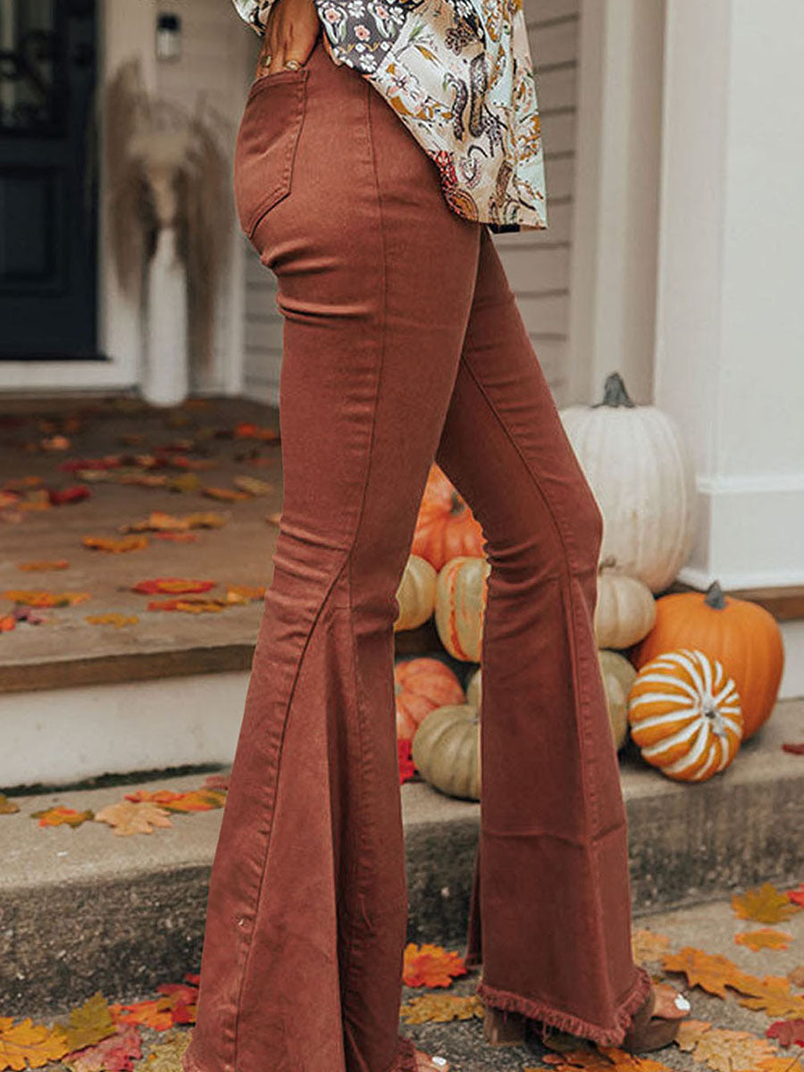 Solid Color Pocket Button High Waist Jeans