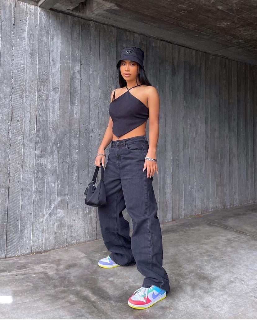 High Waist Straight Leg Jeans Women Pure Black Casual