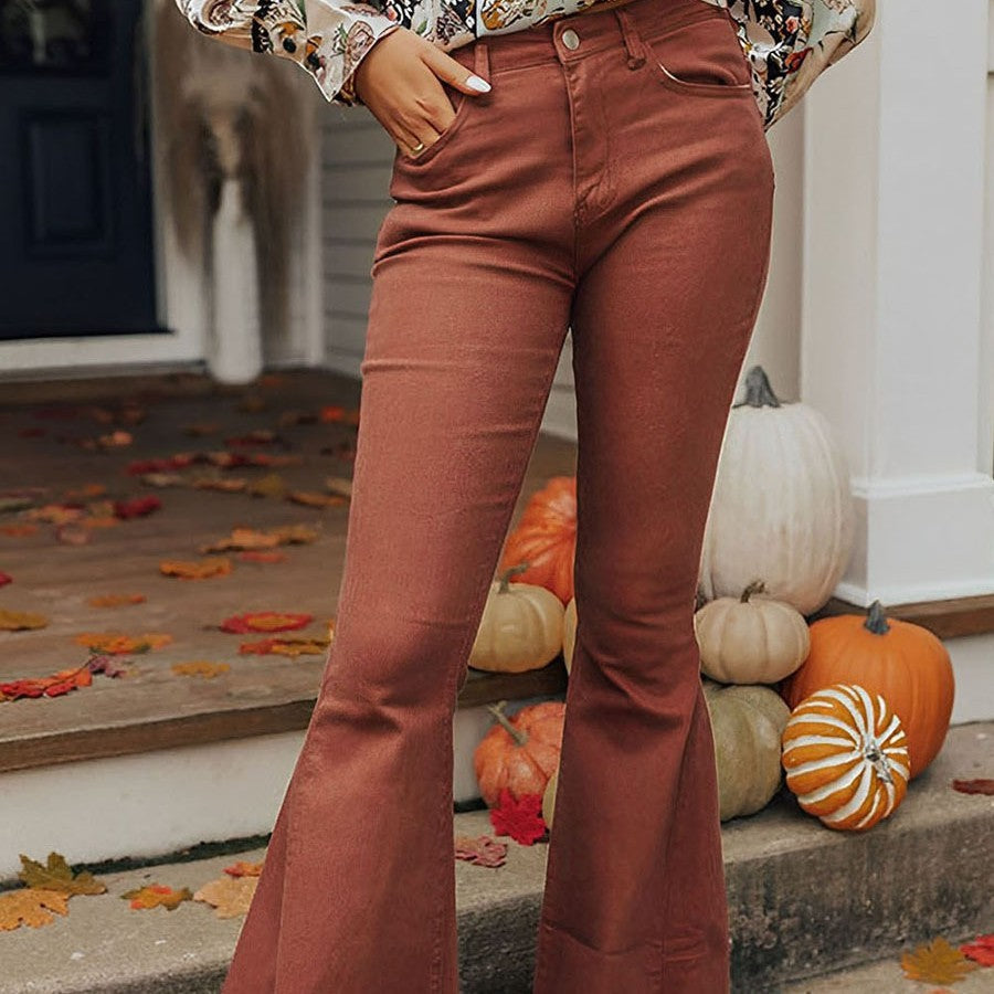 Solid Color Pocket Button High Waist Jeans