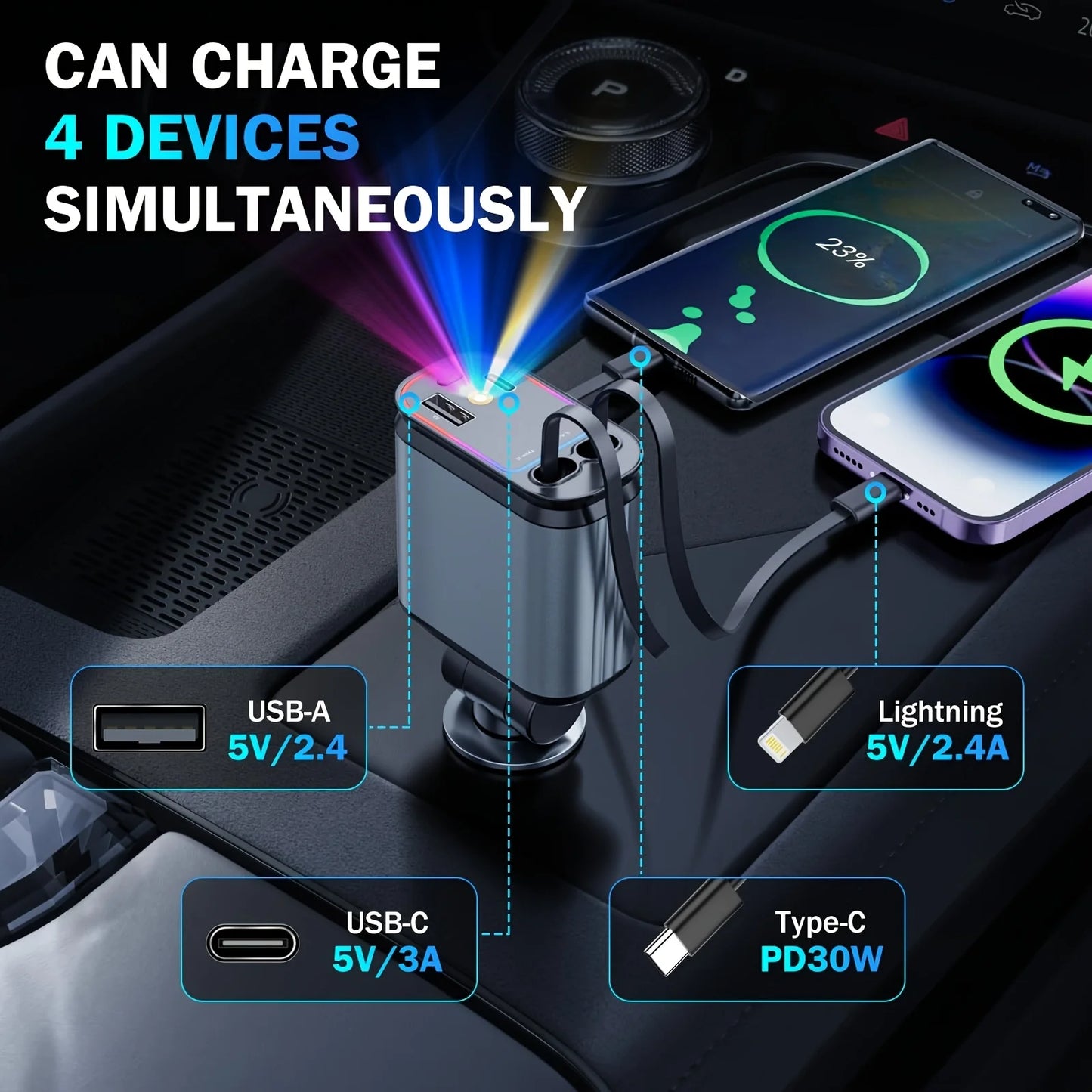 4-in-1 Retractable Car Charger with Starry Light