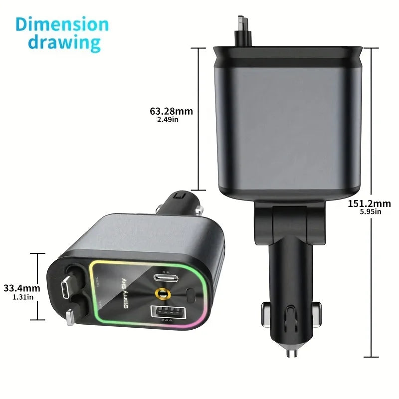 4-in-1 Retractable Car Charger with Starry Light