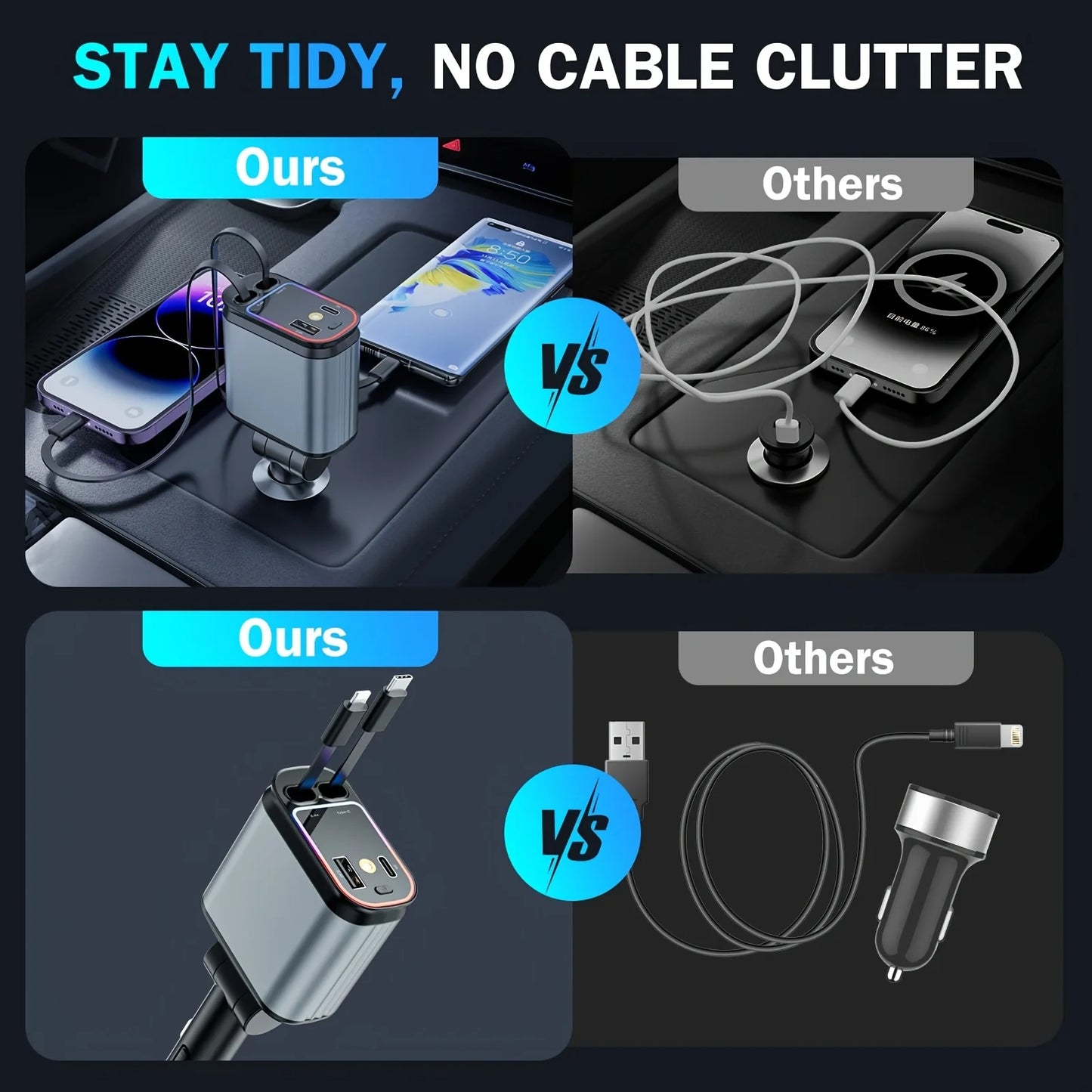 4-in-1 Retractable Car Charger with Starry Light