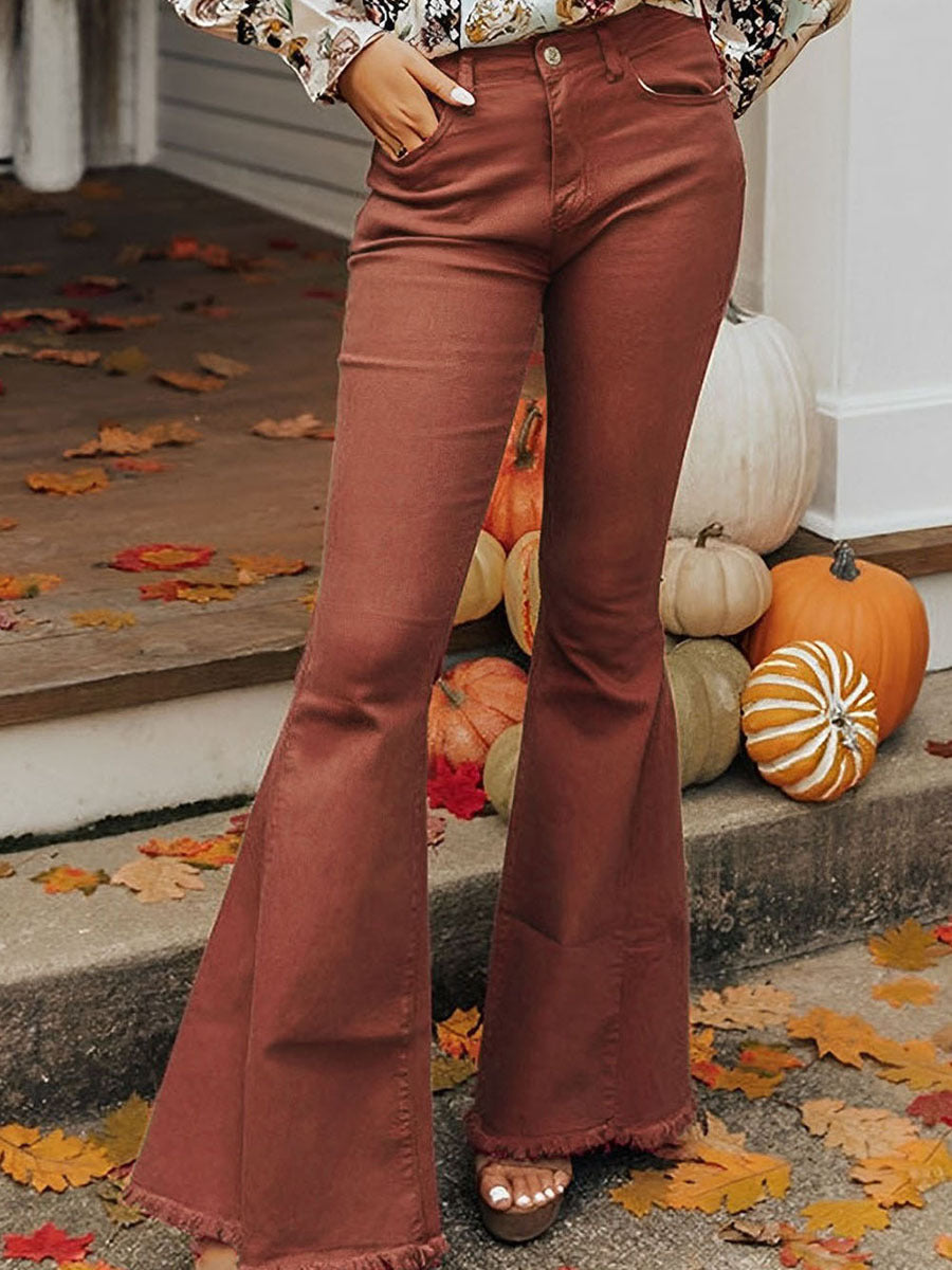 Solid Color Pocket Button High Waist Jeans