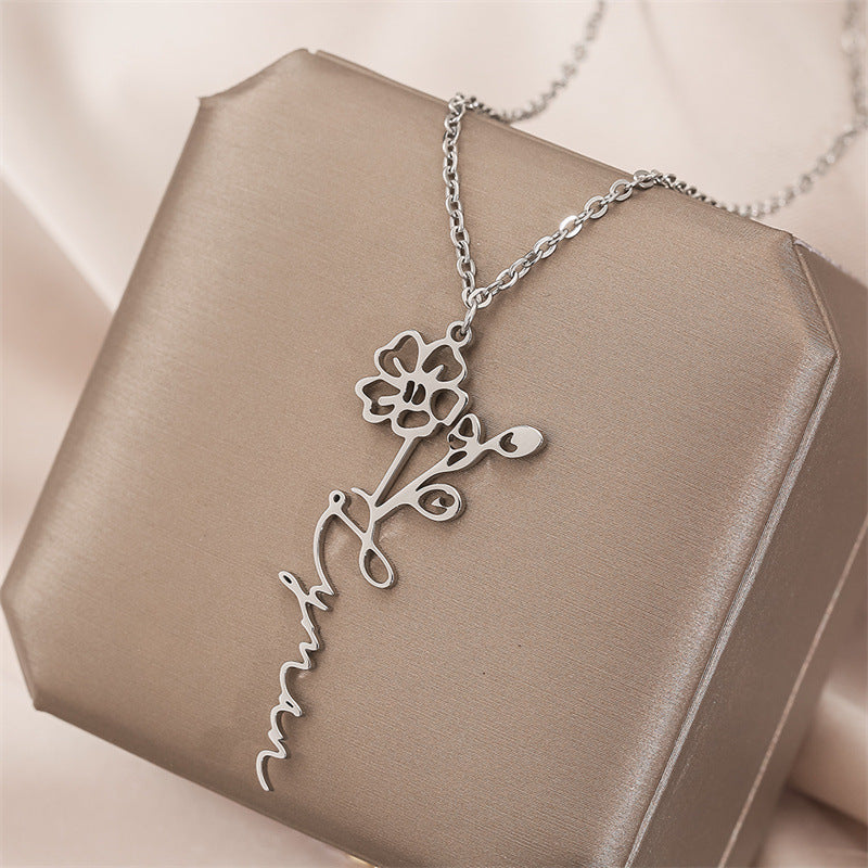 New Flower Name Letter Necklace Stainless Steel Pendant