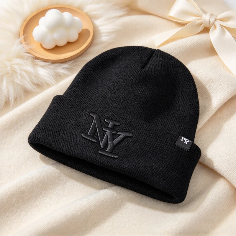 NY Embroidery Knit Beanie Hat Women Men Warm Cuffed Skull Cap Winter Soft Stretchy Knitted Hat for Outdoor Daily Streetwear