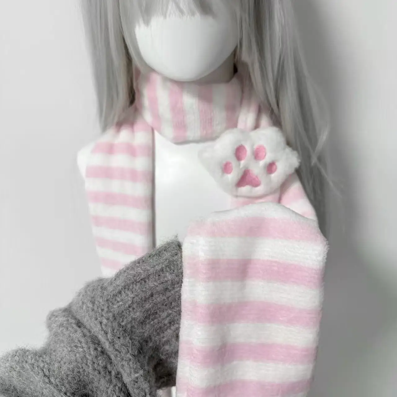 Kawaii Kniied Scarf Cat Paw Decoration Stripe Scarves Y2K Autumn Winter Cute Keep Warm Scarf Subculture Accessories