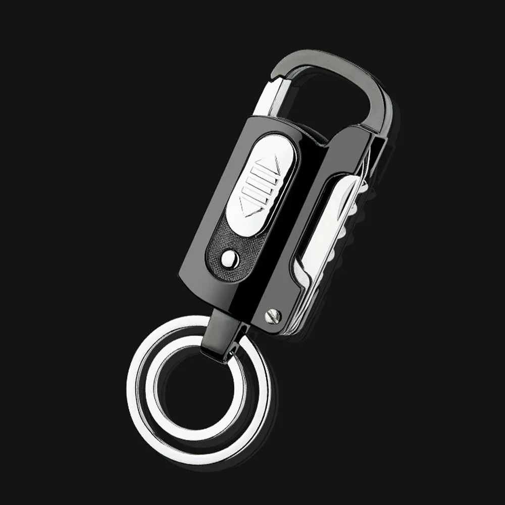 Metal multifunction keychain gadget with an electronic lighter and several tools