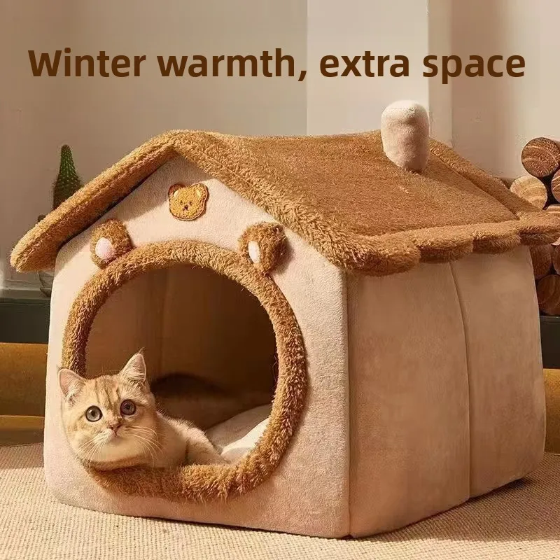 Foldable Warm Pet House Bed, Enclosed Plush Cat Cave with Removable Washable Cushion, Winter Warm Sleeping Nest for Cats Dogs