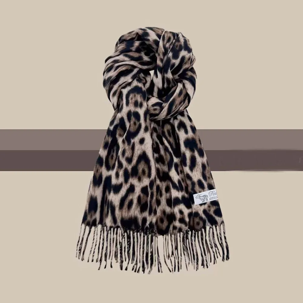 Sexy Leopard Tassels Shawl Windproof Thickened Foulard Pashmina Hijabs Imitation Cashmere Lady Scarves Wraps Neck Warmer