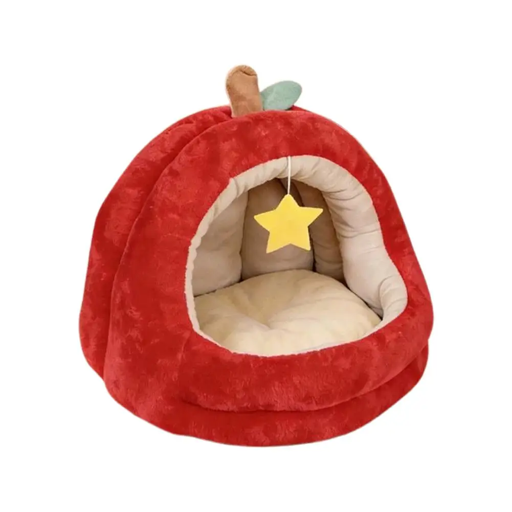 Padded Enclosed Pet Bed Apple Shaped Cat House with Removable Cushion Winter Warm Hideaway for Cats Dogs