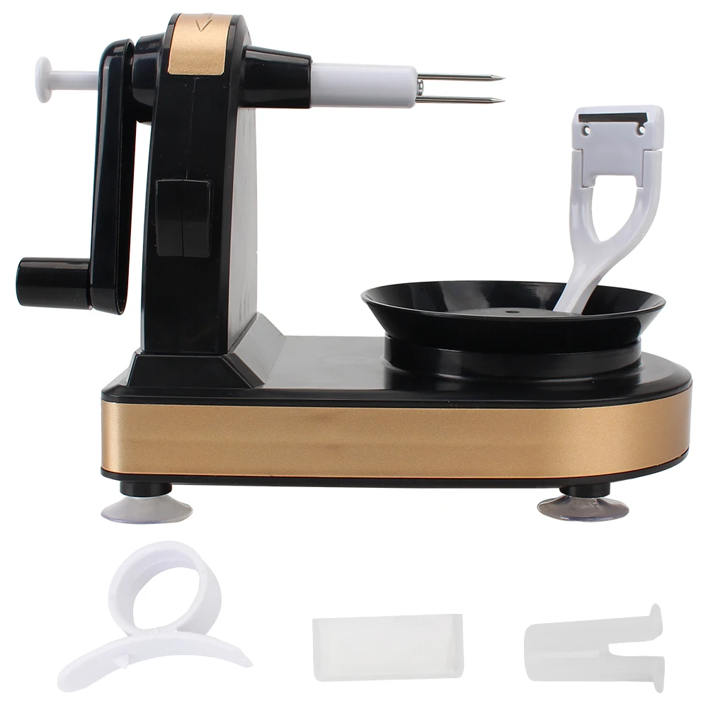 Compact hand-crank peeler and slicer for apples, fruit and potatoes