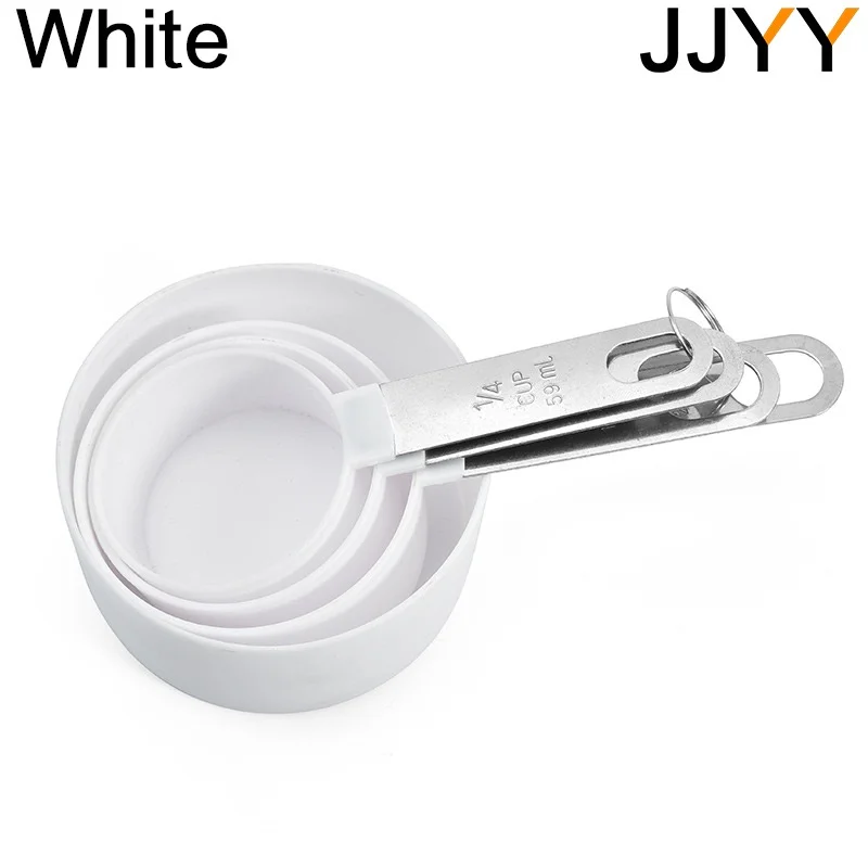 Four-piece measuring cup and spoon set with stainless steel handles