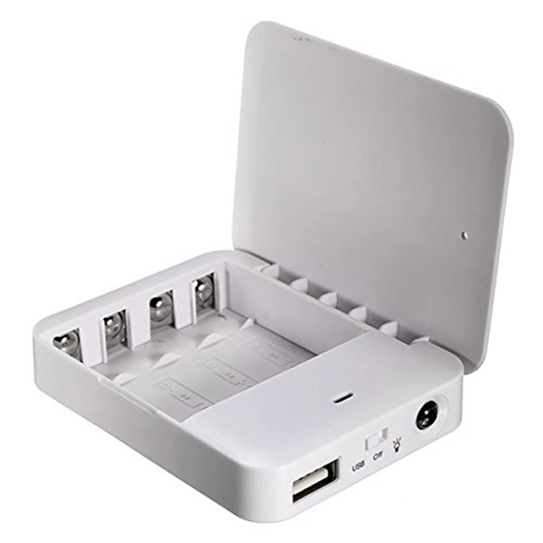 Compact AA battery-powered USB emergency charger with built-in flashlight