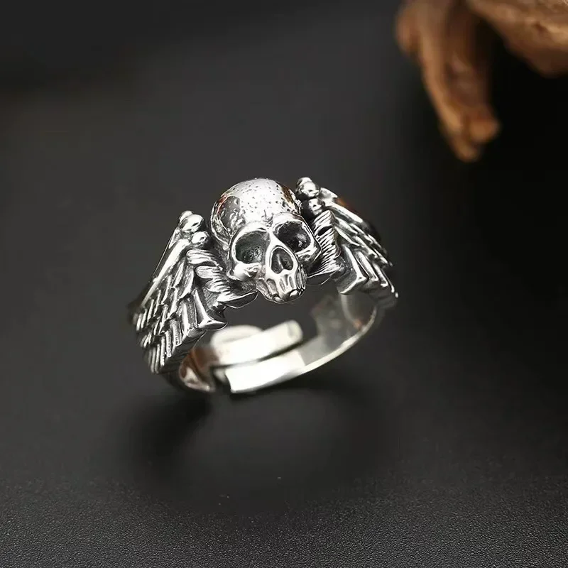 Retro Punk Style Devil Angel Wings Skull Open Adjustable Ring Hip Hop Trend Skull Men's Jewelry