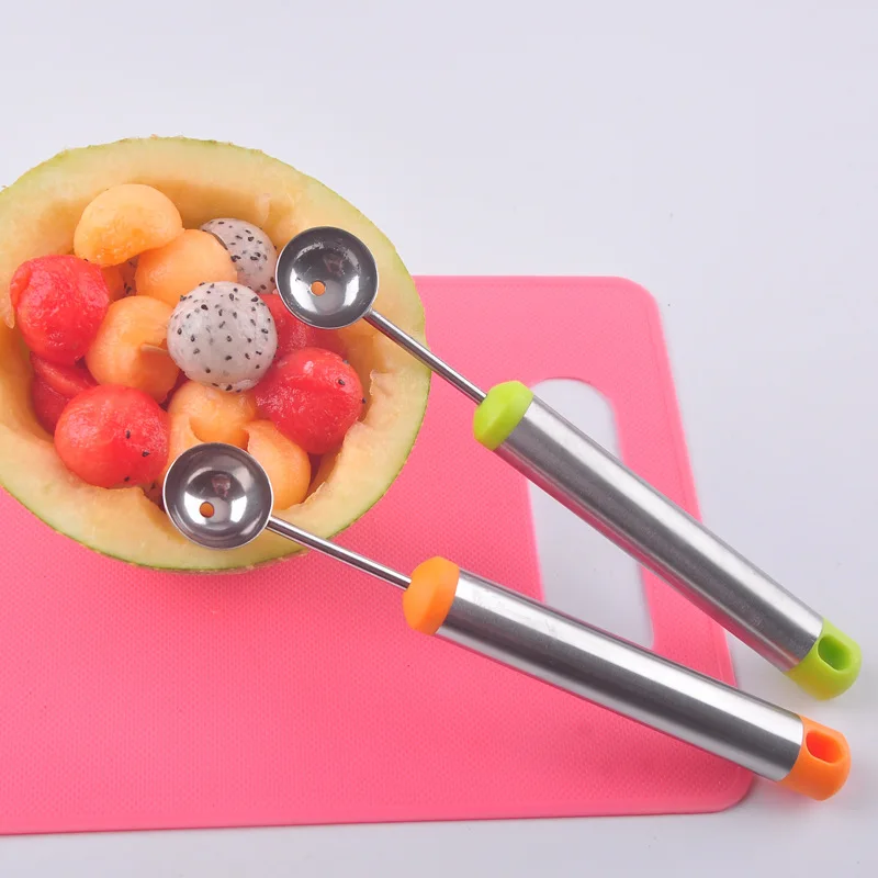 Green two-piece melon and watermelon scoop set with stainless steel blades